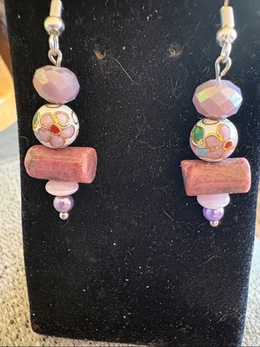 Hand Crafted AB Crystal and Floral Cloisonné Drop Earrings
